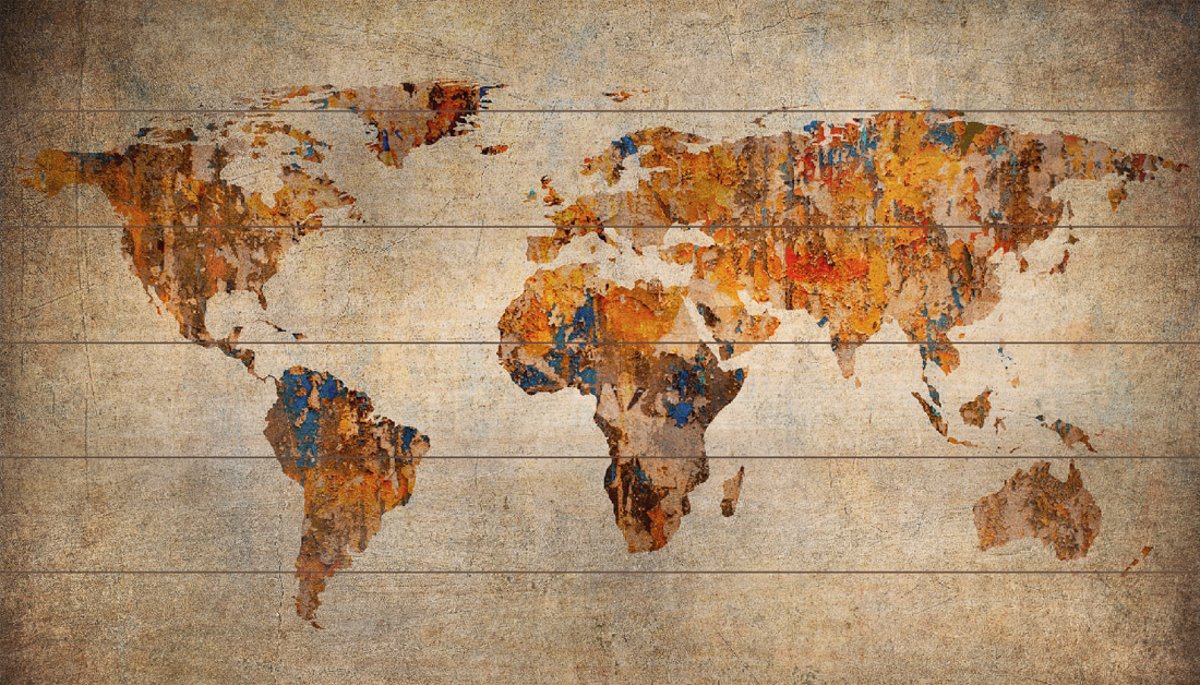 Wereldkaart op Hout Roest | 105cm x 60cm | Met 100 gratis koperen pins